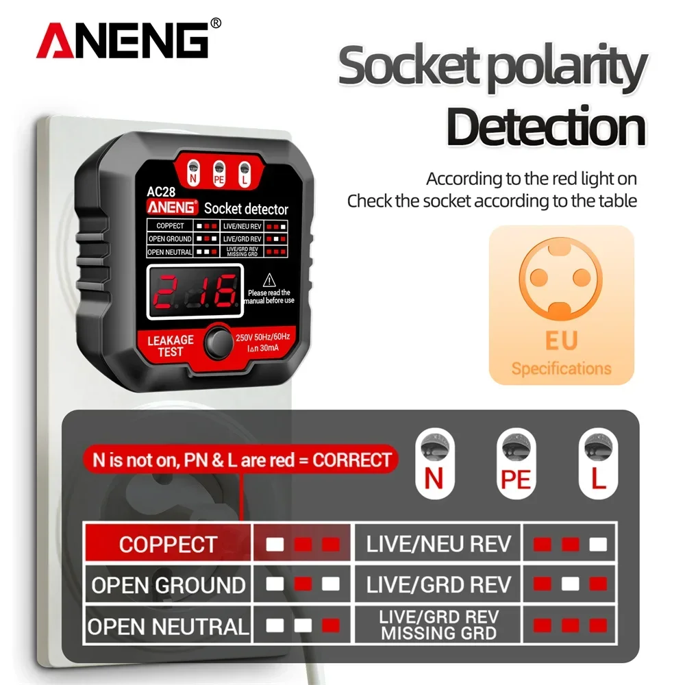 ANENG AC27/AC28 Digital Socket Power Tester  50Hz/60Hz Socket Polarity Detector Voltage Tester Circuit Breaker Finder EU/US Plug