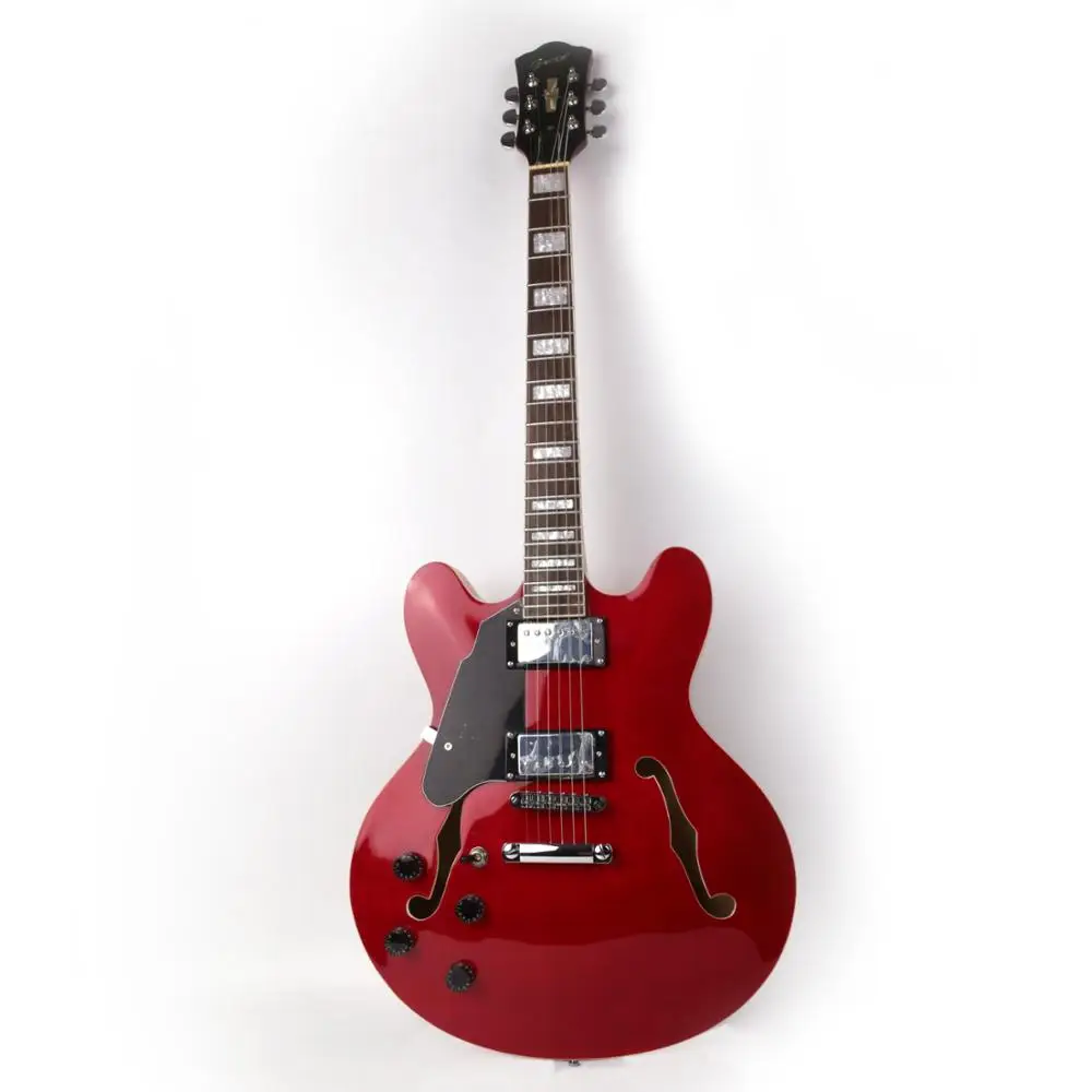 Left hand red color electric jazz guitar semi hollow body f hole fixed TOM bridge rosewood block inlay set neck