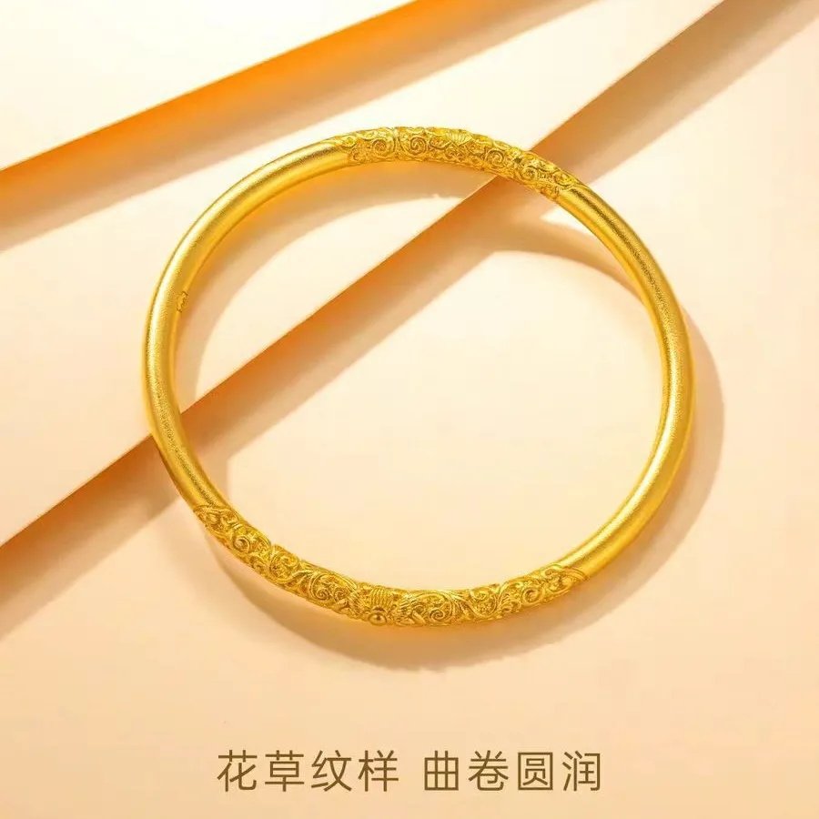 

9999 24K real gold Bauhinia roll grass bracelet ancient heritage seiko solid plain ring bracelet