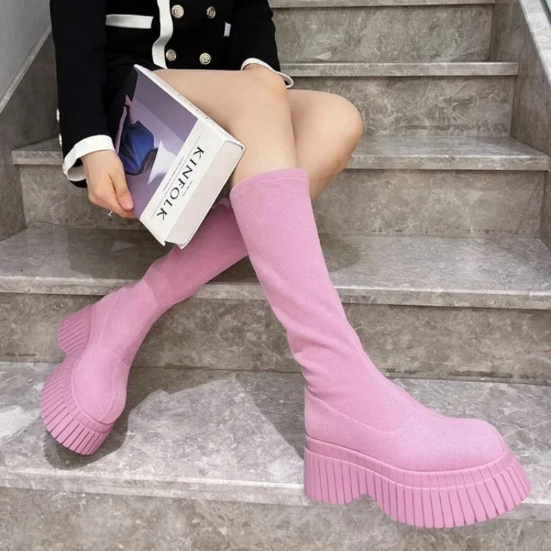 Women High Fly-knitted Elastic Boots  Autumn New Slip on Chunky Platform Ankle Boots Woman Fashion Pink Thick Bottom Botas 2024