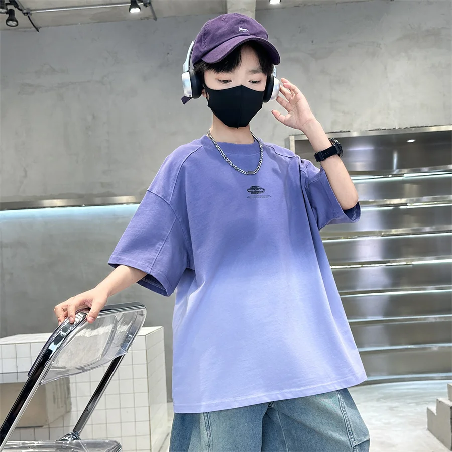 Gradient Color Kid's Fashion Summer Clothing T-shirt Tweens Child Short Sleeve Cotton Tshirt Outfit School Boy Casual Tee Tops
