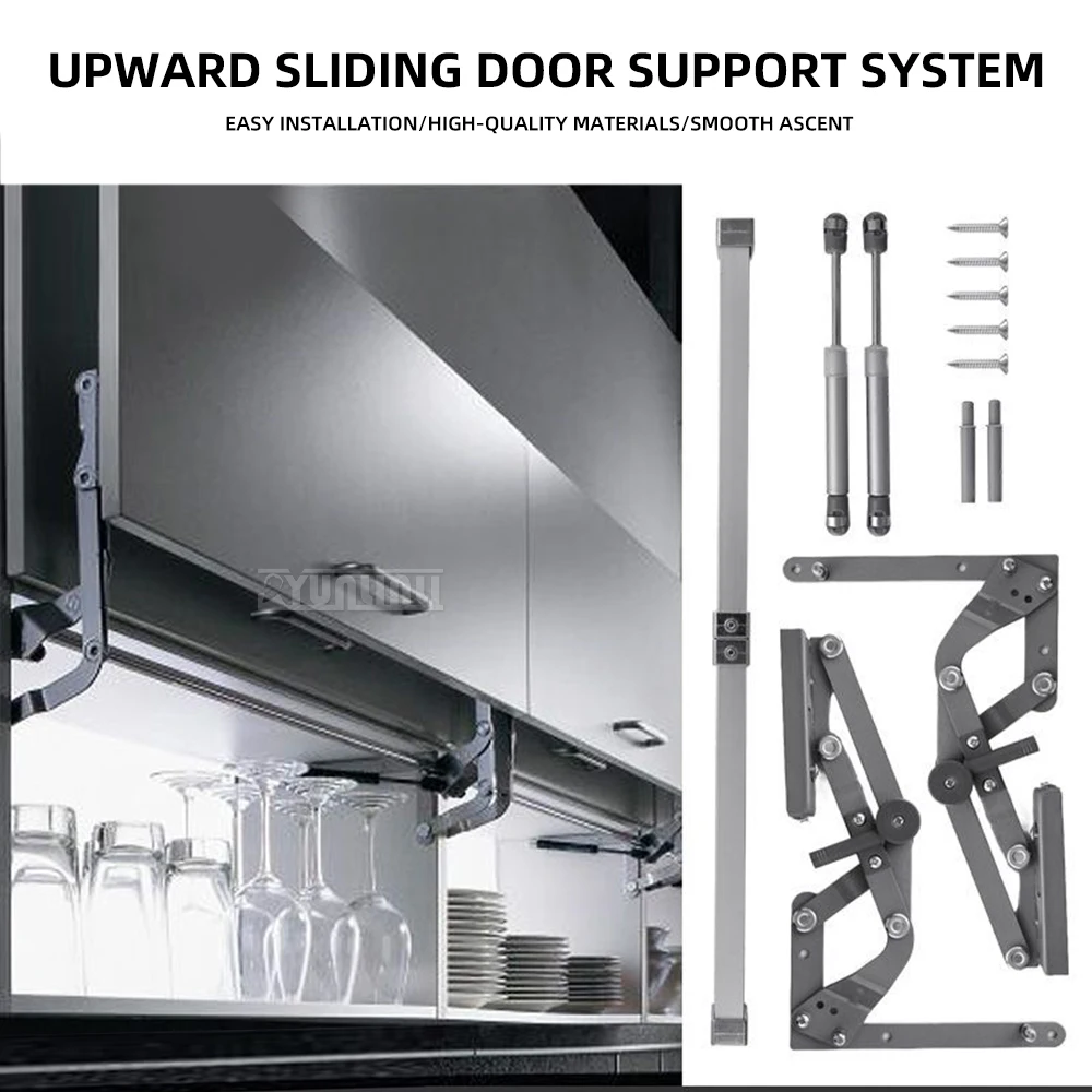 

Гидравлическая подъемная система для кухонных шкафов с вертикальным подъемным механизмом и опорной штангой для откидных дверей