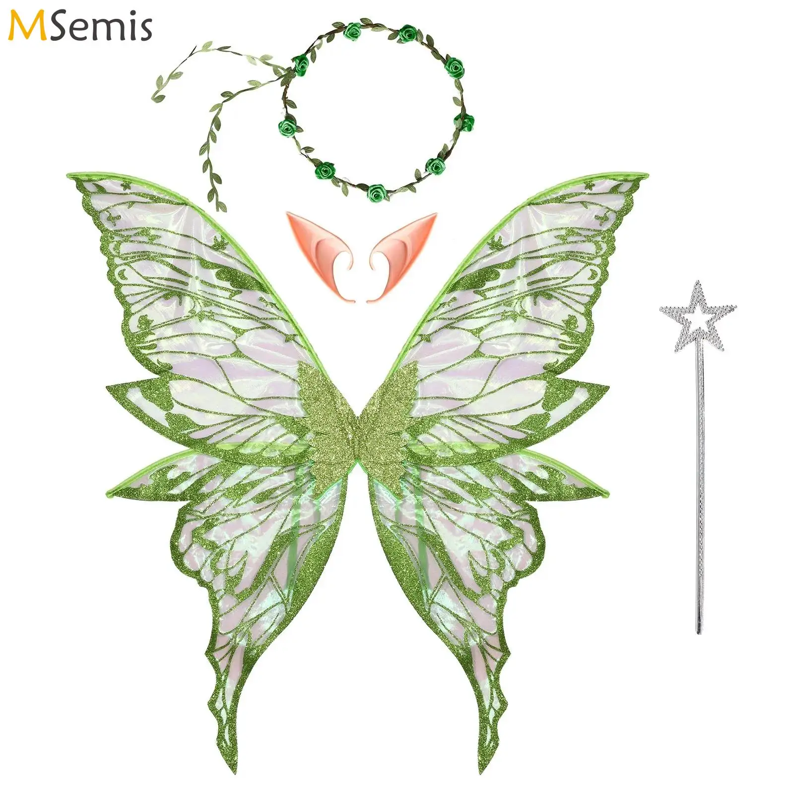 

Kids Adults Halloween Butterfly Fairy Wings Gradient Sheer Shiny Wings Fairy Angel Wings with Elf Ears Star Fairy Stick Carnival