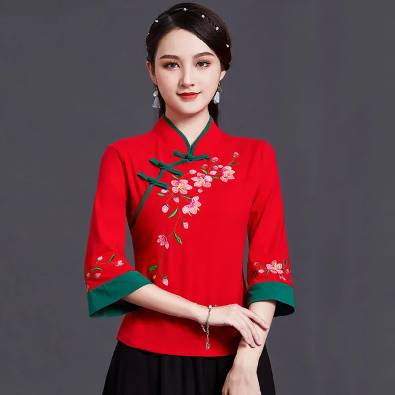 

Cheongsam Women Plus Size Stand Collar Hanfu Tops 2024Autumn Cotton Blend Embroidery Tradition Chinese Style Tang Costume Shirts