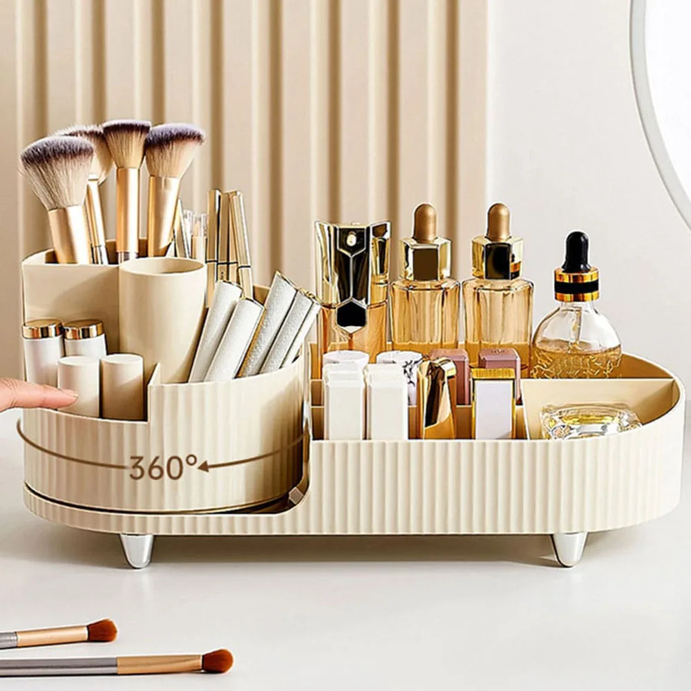 360 °   Organisateur de maquillage rotatif multi-compartiments, boîte de rangement de bureau pour rouges à lèvres, pinceaux, soins de la peau, salle de bain, coiffeuse
