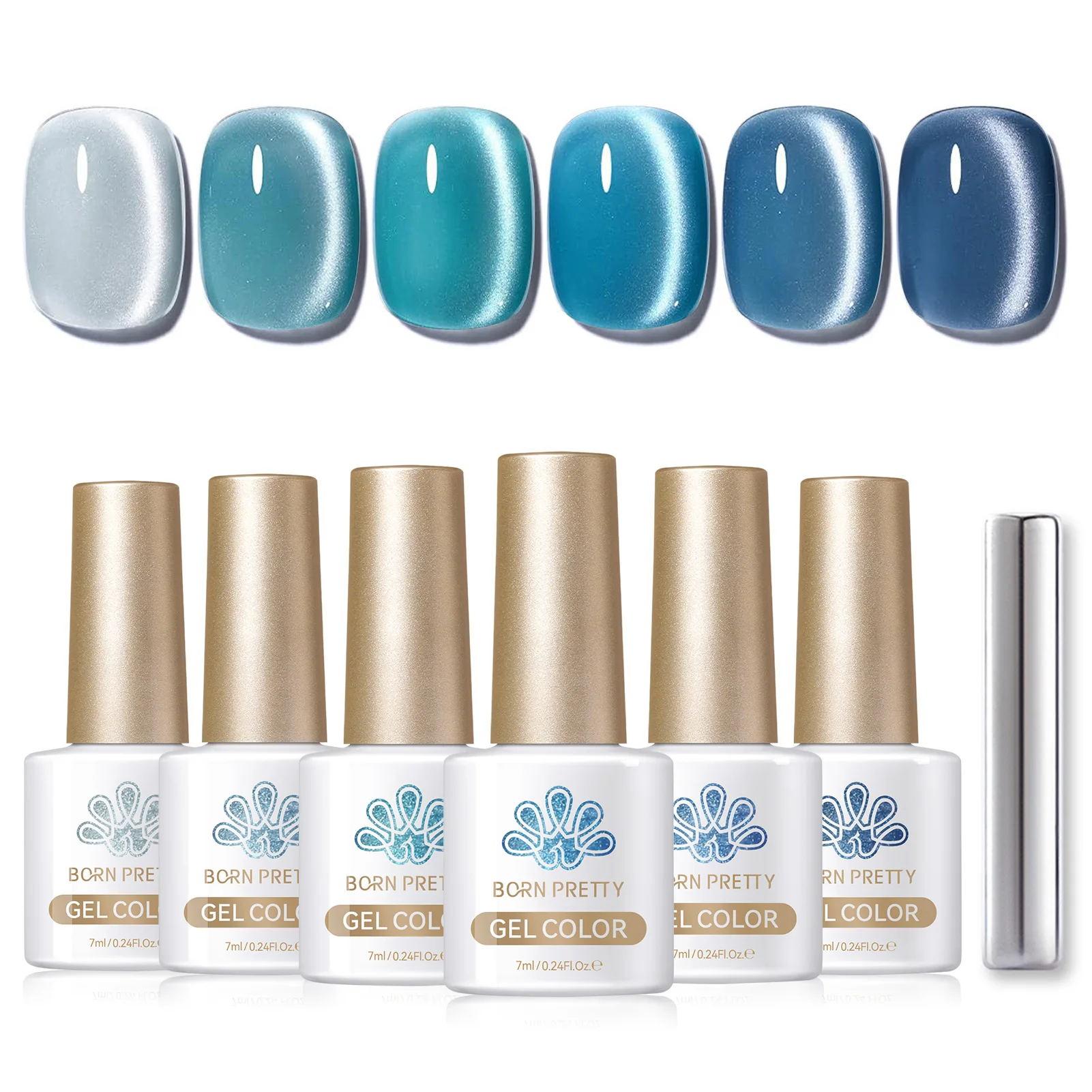 BORN PRETTY 6 stks/set Blue Cat Magnetische Gel Nagellak Set Kits Glazen Kraal Shining Blue Semi Permanente Losweken UV Gel