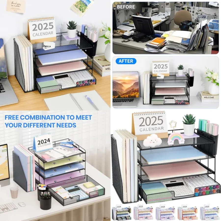 

Desk Organizer, Desktop File Organizer with Drawer and Pen Holders, Office Desk Accessories, File Sorters, Workspace Organizers