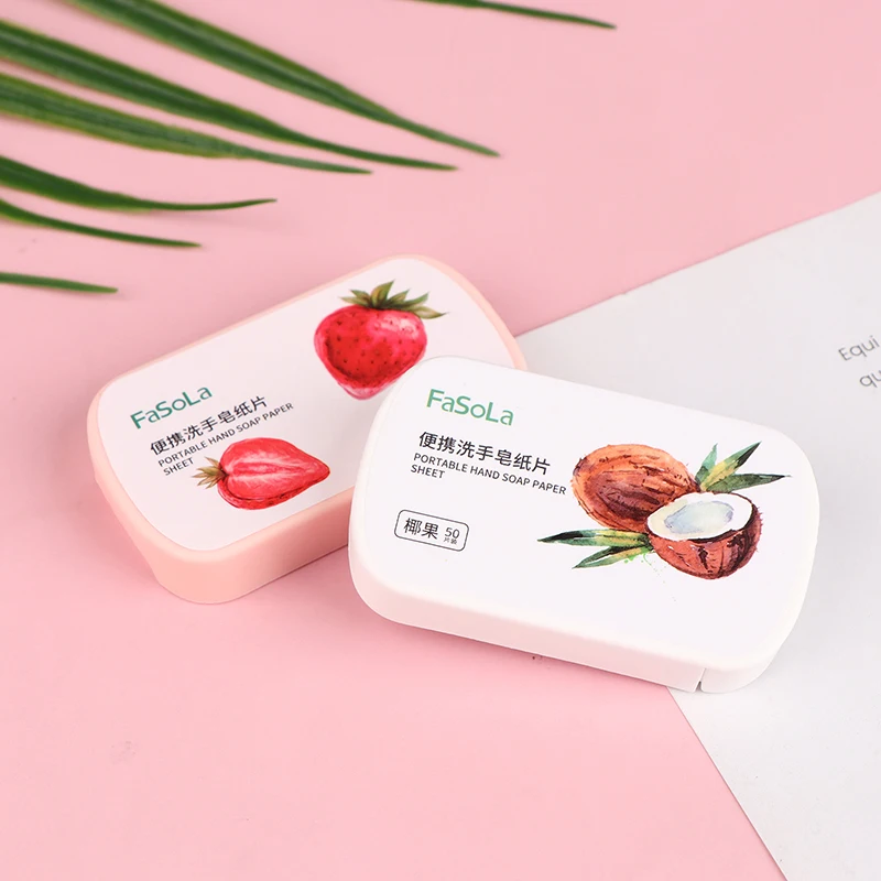 50Pcs/Box Strawberry Coconut Scented Slice Paper Cleaning Soaps Washing Hands Portable Aromatic Soap Papers Body Cleansers