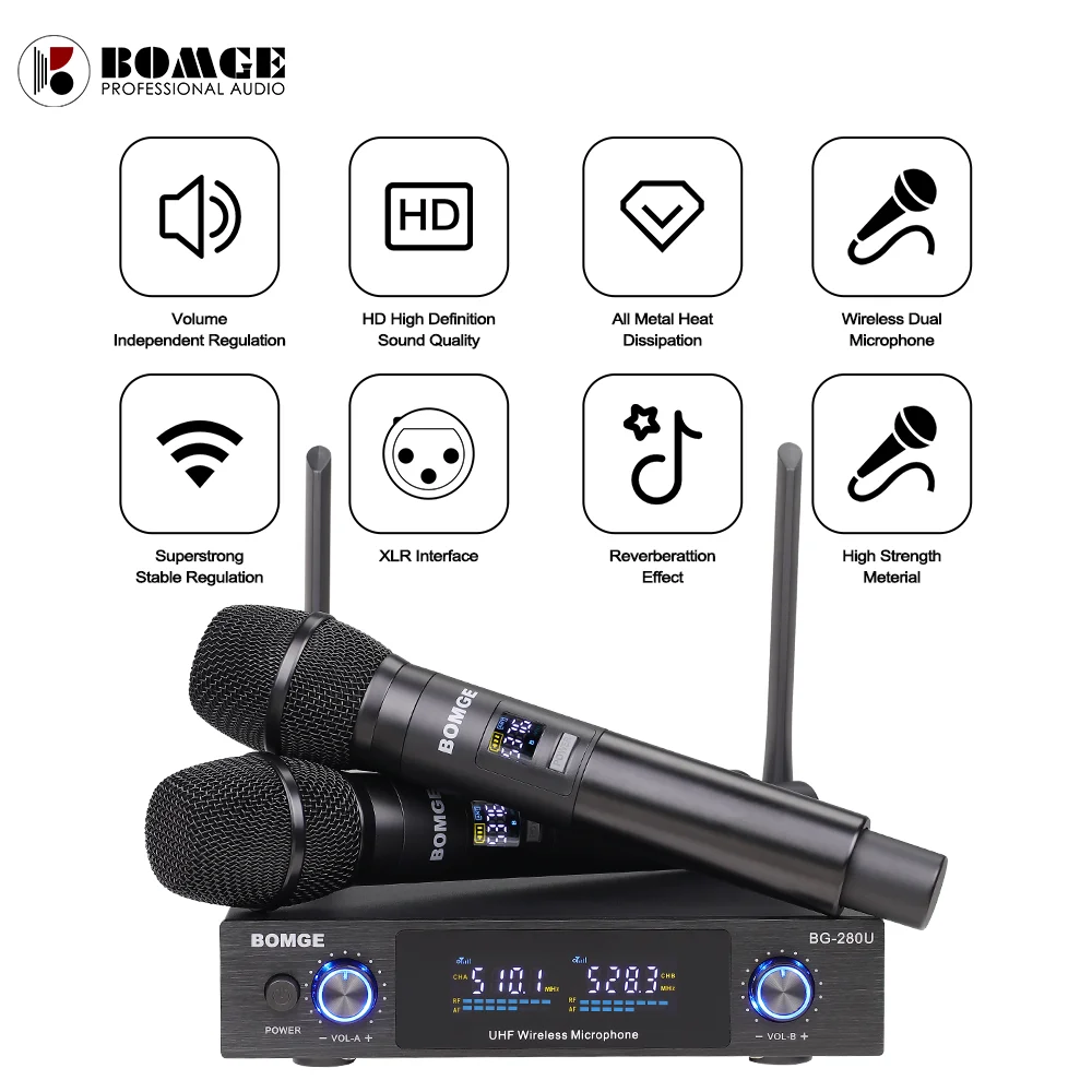 BOMGE BG-280U Wireless Microphone, Metal Dual Professional UHF Cordless Dynamic Handheld Microphone System for Every Occasion