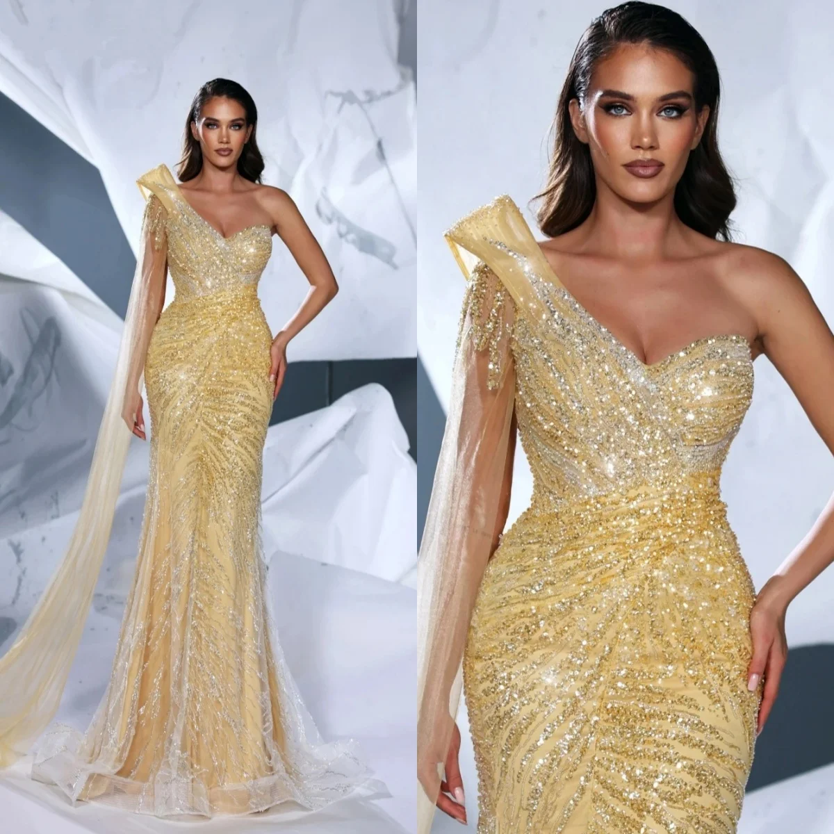 

Изящные вечерние платья русалки с блестками, платье для выпускного вечера на одно плечо, вечернее платье с накидкой и рукавами по индивидуальному заказу, Vestidos de noche