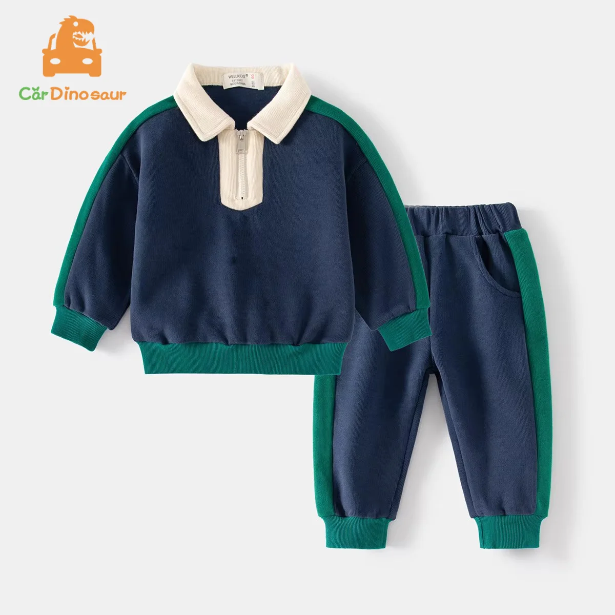 

2025 Spring Autumn New 2 3 4 5 6 7 8 Years Children Cotton Spoty Color Patchwork Sweatshirt+Full Pants 2 Pieces Kids Boys Set
