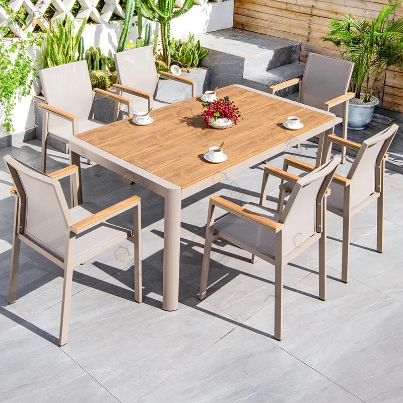 

Outdoor plastic wood tables and chairs courtyard waterproof sunscreen open-air balcony leisure combination Nordic coffee