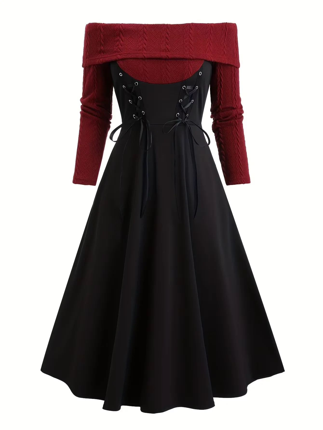 

plus Size Girls Off-the-Shoulder Long Dress Spring Autumn Casual Joker Red & Black Stitching Elegant Fashion for Teens