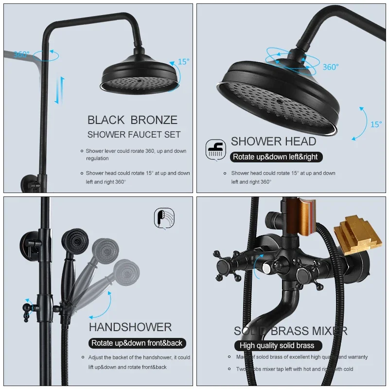 Vidric ORB Bronze Black Shower Faucet Set Brass Rain Shower Head 3-way Mixer Tap Dual Handles Mixer Tap Bathtub Shower Faucet