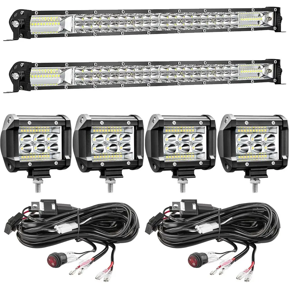 

20 Slim LED Light Bars Pair + 4 Pods Quad Set, Universal Wiring Harness, Waterproof for Cars, Trucks, ATVs