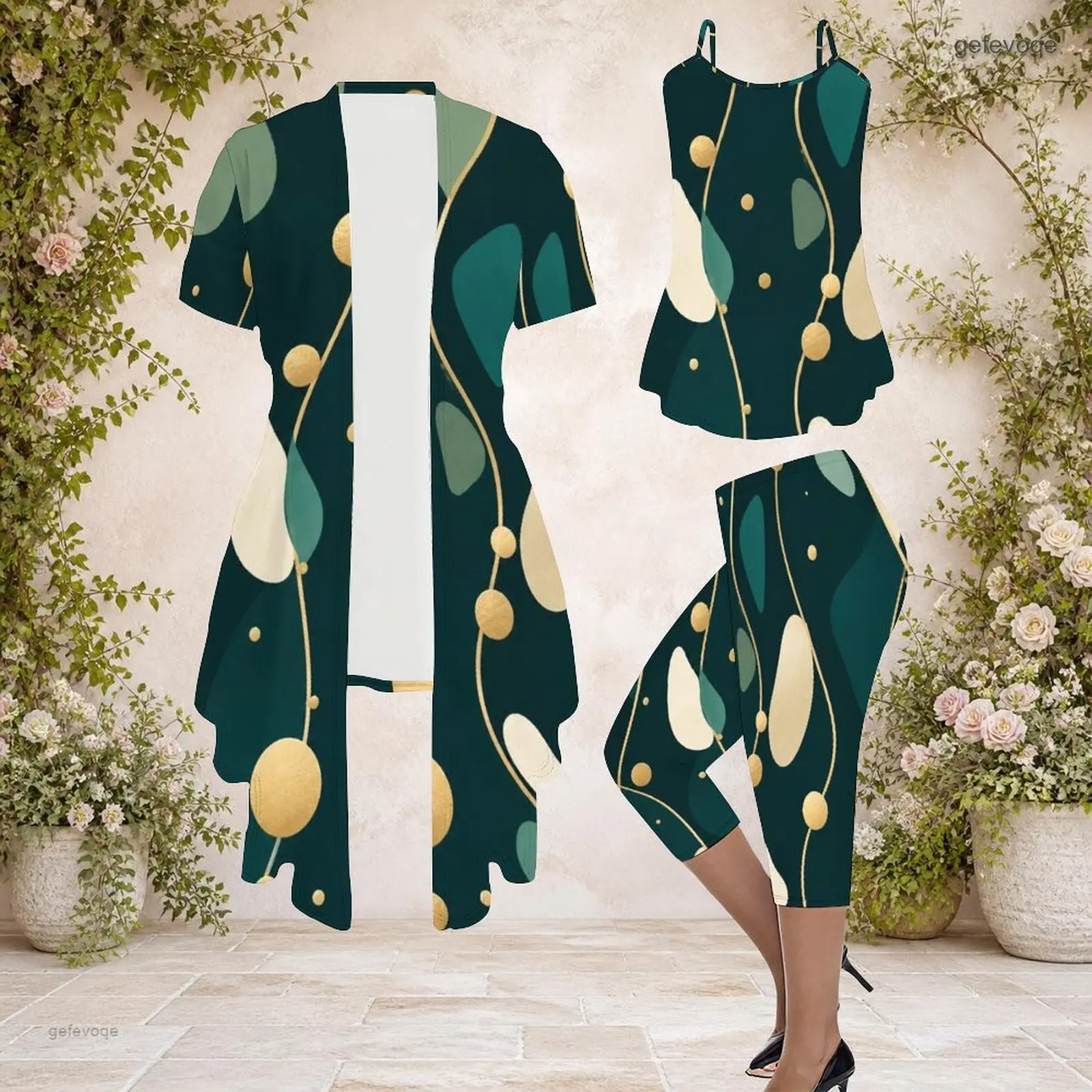 Printed Pants Set for Women Short Sleeve Open Front Cardigan Tank Top Capri Pants Three Piece