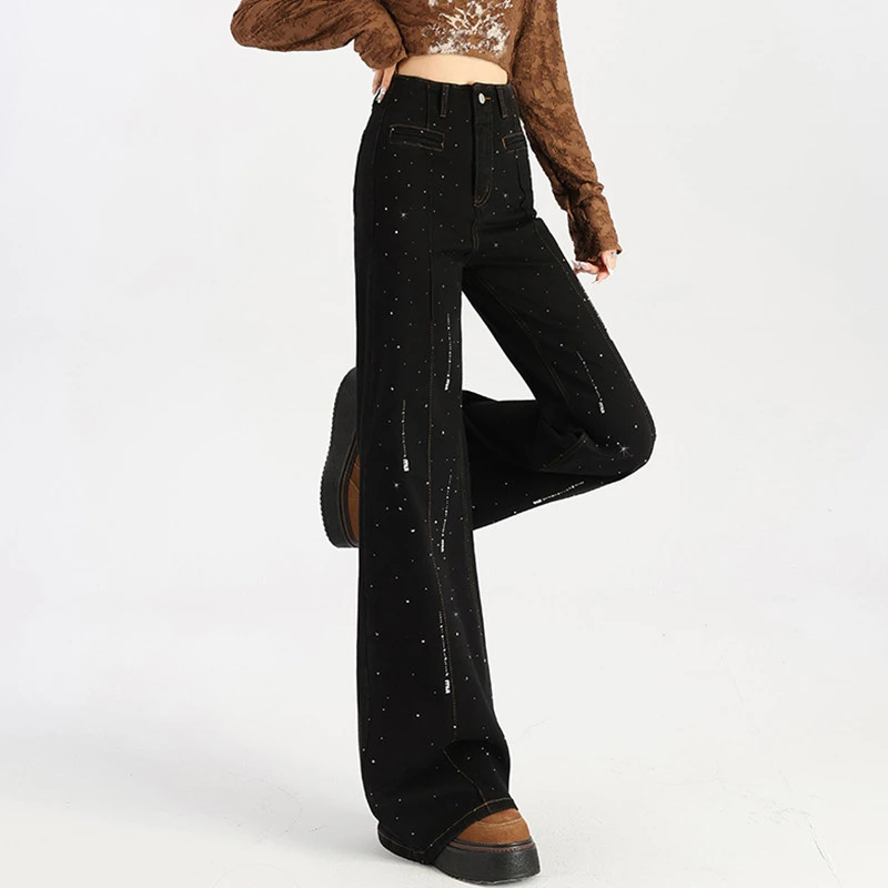 FINEWORDS 2026 New Arrival High Waist Rhinestone Flare Jeans for Women Dark Wash Glitter Denim Wide Leg Pants Y2K Style Trouser