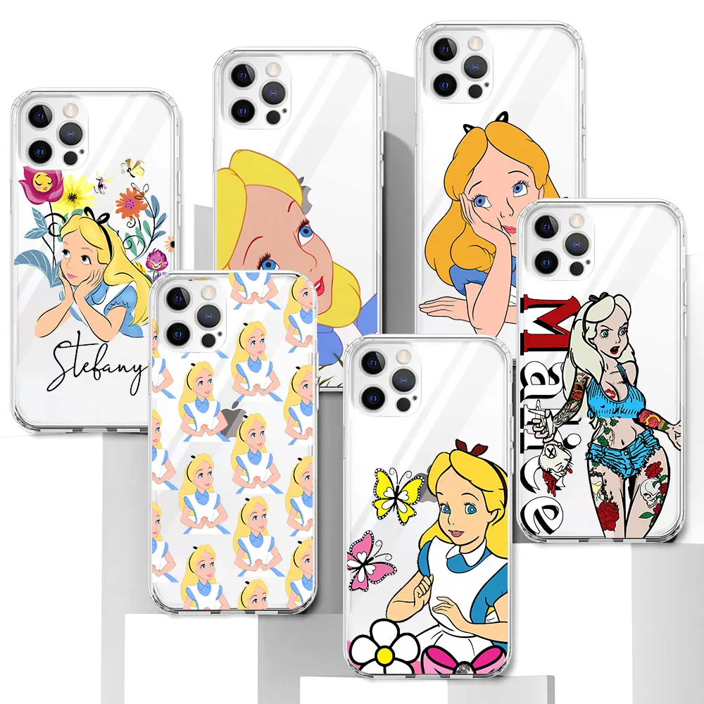 Alice Cute Disney Case for Apple iPhone 16 11 7 8 13 14 Plus 12 Mini 15 Pro X XS Max XR Transparent TPU Soft Phone Cover Carcasa