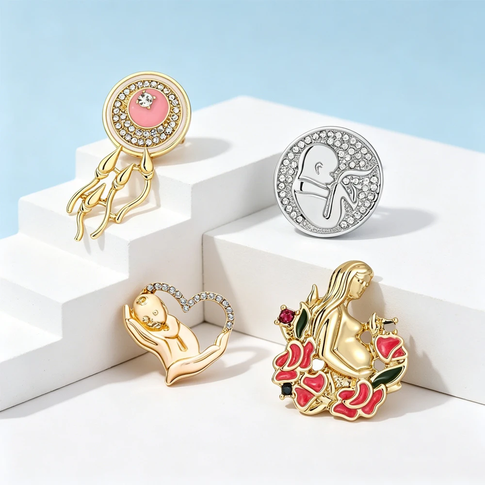 Medical Pediatrics And Obstetrics  Brooches Set With Crystal Pregnant Woman And Baby Wide-Edge Sperm And Egg Design Medical Gift