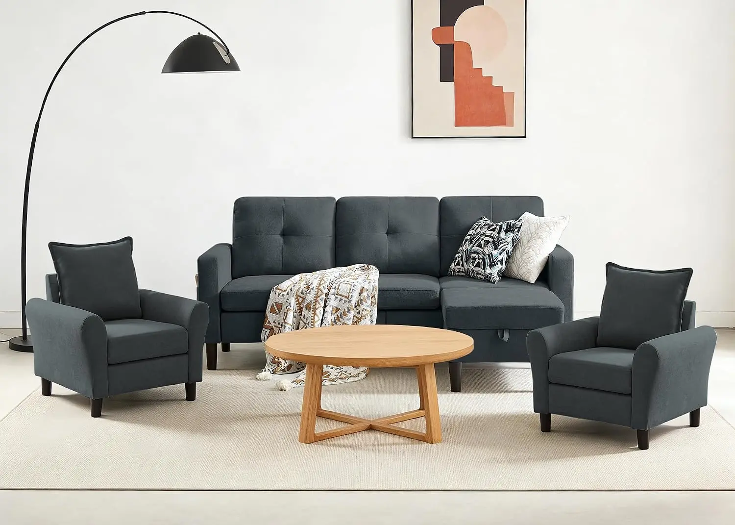 3 Piece Sofa Set, 3 Seater with Storage Ottoman & 2 Armchair, Easy Assembly, 5 Seat for Living Room Office, Grey, Customized