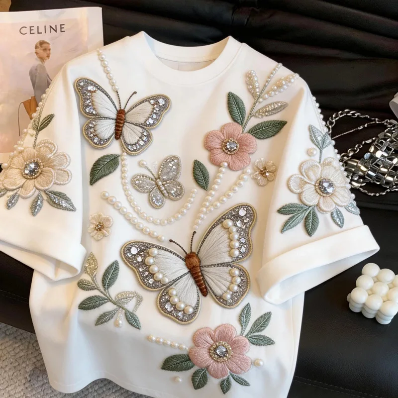 2026 New Spring Summer Loose Women T-shirt Elegant Round Neck Casual Pullover Top Luxury Butterfly Beading Loose Basic Tees