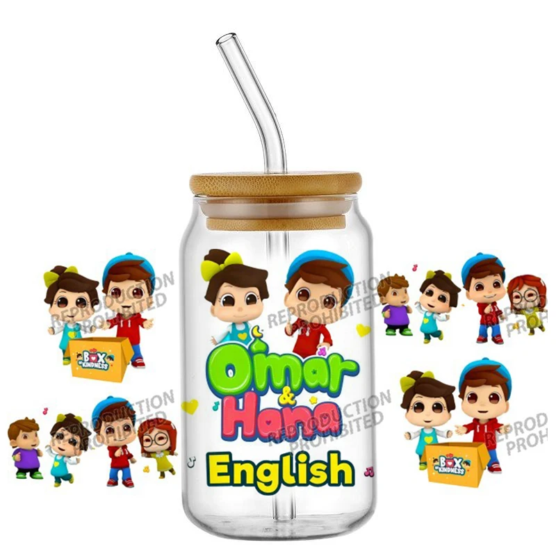 Cute Cartoon Omar and Hana UV DTF Wraps Islamic Cartoon Characters Stickers for 16oz Glass Cans Waterproof DIY Transfer Decals