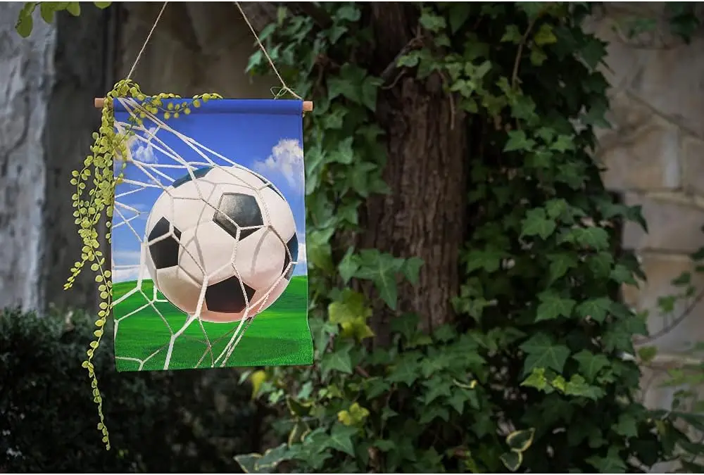 Moslion Soccer Garden Flag Vertical Double Sided Sports White and Black Football in Ball Net in Green Field Grass Blue Sky House