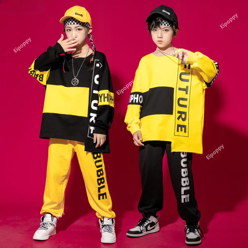 

Boys Contrast Sweatshirt Street Dance Pants Girls Hip Hop Cool Top Joggers Streetwear Kids Jazz Clothes Sets Child Sport Outfits