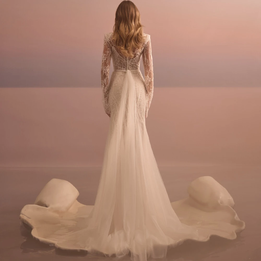 

Customized Elegant White Organza Wedding Dress Soft O-Neck Long Sleeves Vestido De Novia Formal Mermaid Court Train Bridal Gowns