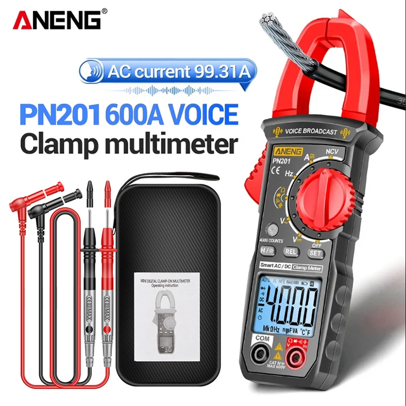 Intelligent Voice Broadcast Clamp Atual Amperímetro ac dc Volt Tester Multímetro de Alcance Automático 600a 4000 Contagem Aneng-pn201