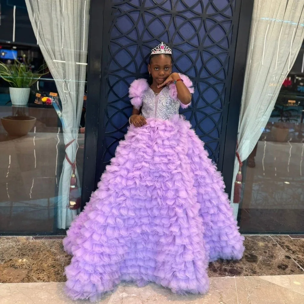 Robes de demoiselle d'honneur lavande pour mariage, avec des Appliques en dentelle, à volants à plusieurs niveaux, robe de fête d'anniversaire, robes de première Communion personnalisées