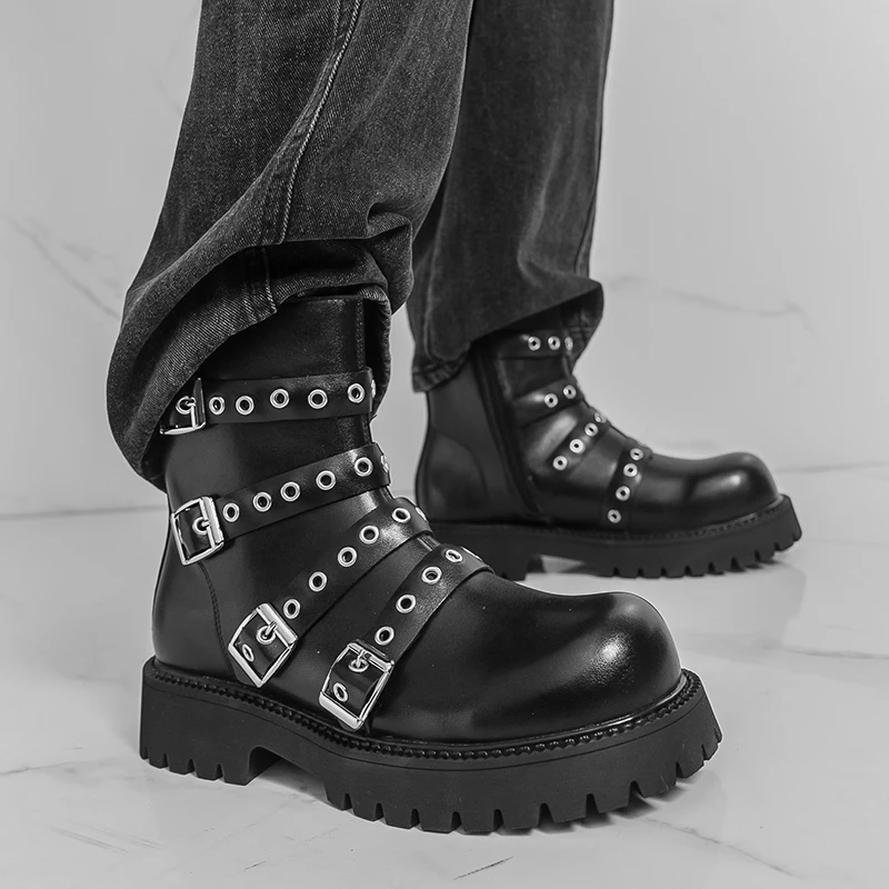 

New Men Busines Chelsea Boots Black Side Zipper Buckle Men Thick-soled Anti-slip Fashionable Motorcycle Boots Training Boots Men