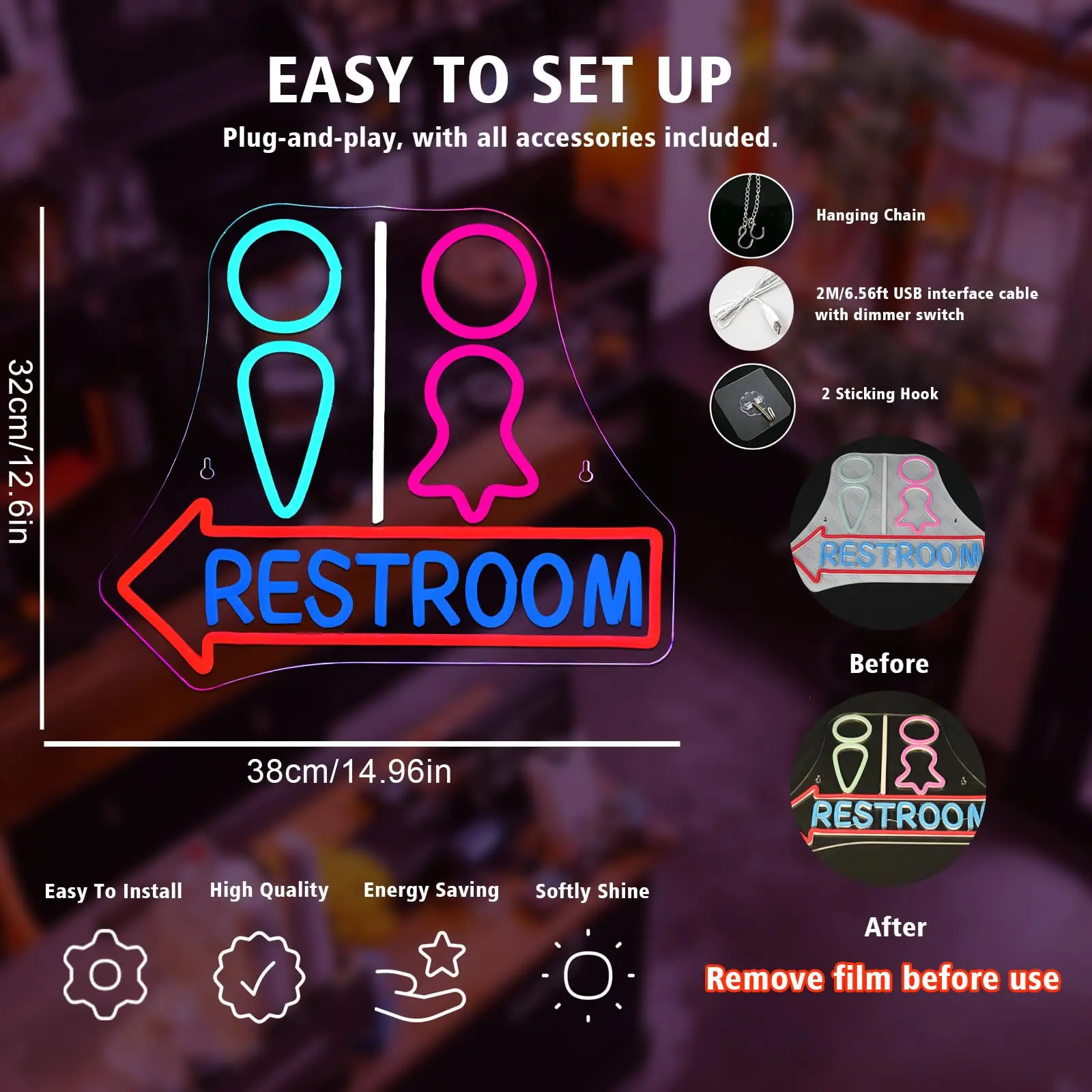 Restroom Neon Sign with Arrow – LED Gender Bathroom Sign, Wall Decor Light for Bar, Restaurant, Business, Home