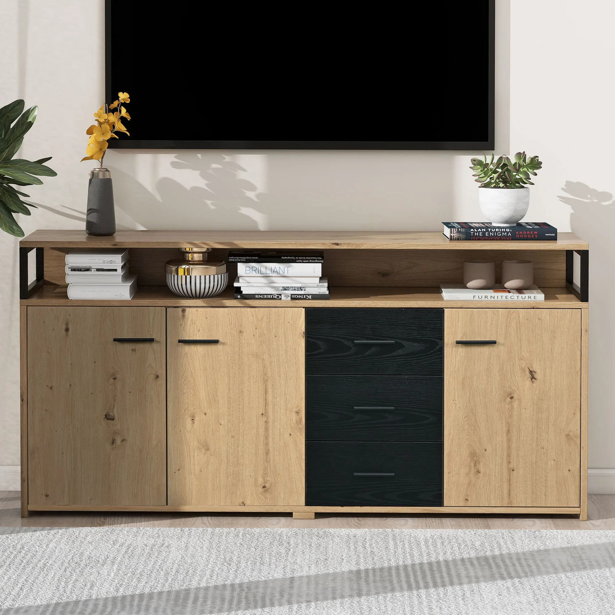 VSOGA Industrial Sideboard With Three Doors And Three Drawers, Chest Of Drawers, Tall Cabinet With Metal Handles, 150 X 35 X 75.9 Cm