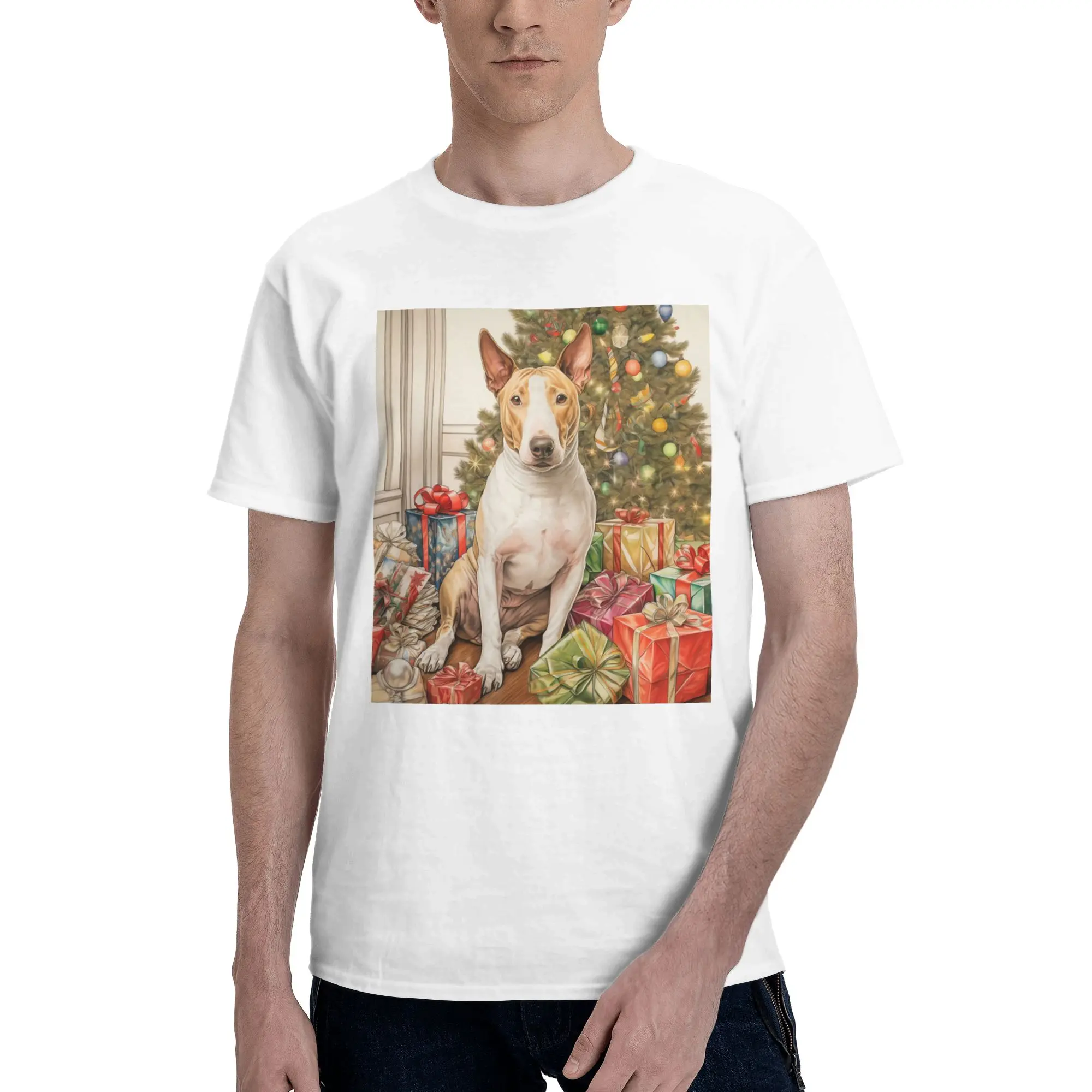 

Рождественский стаффордширский бультерьер с портретом собаки, футболка из 100% хлопка, мужские классические футболки, мужские футболки с круглым вырезом и коротким рукавом, S-6XL
