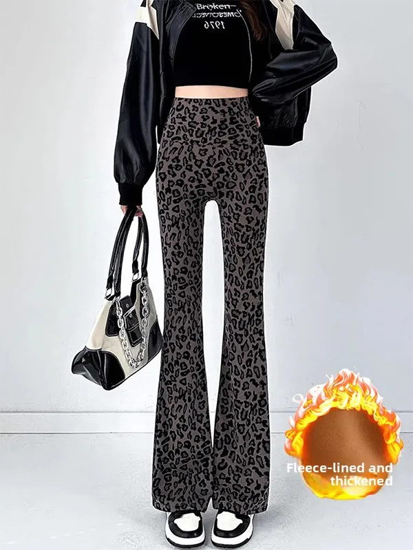 

Ce Brown Leopard Print Wide Leg Pants Women's Autumn Winter Thiened Fce High Waist Loose Flared Yoga Trousers