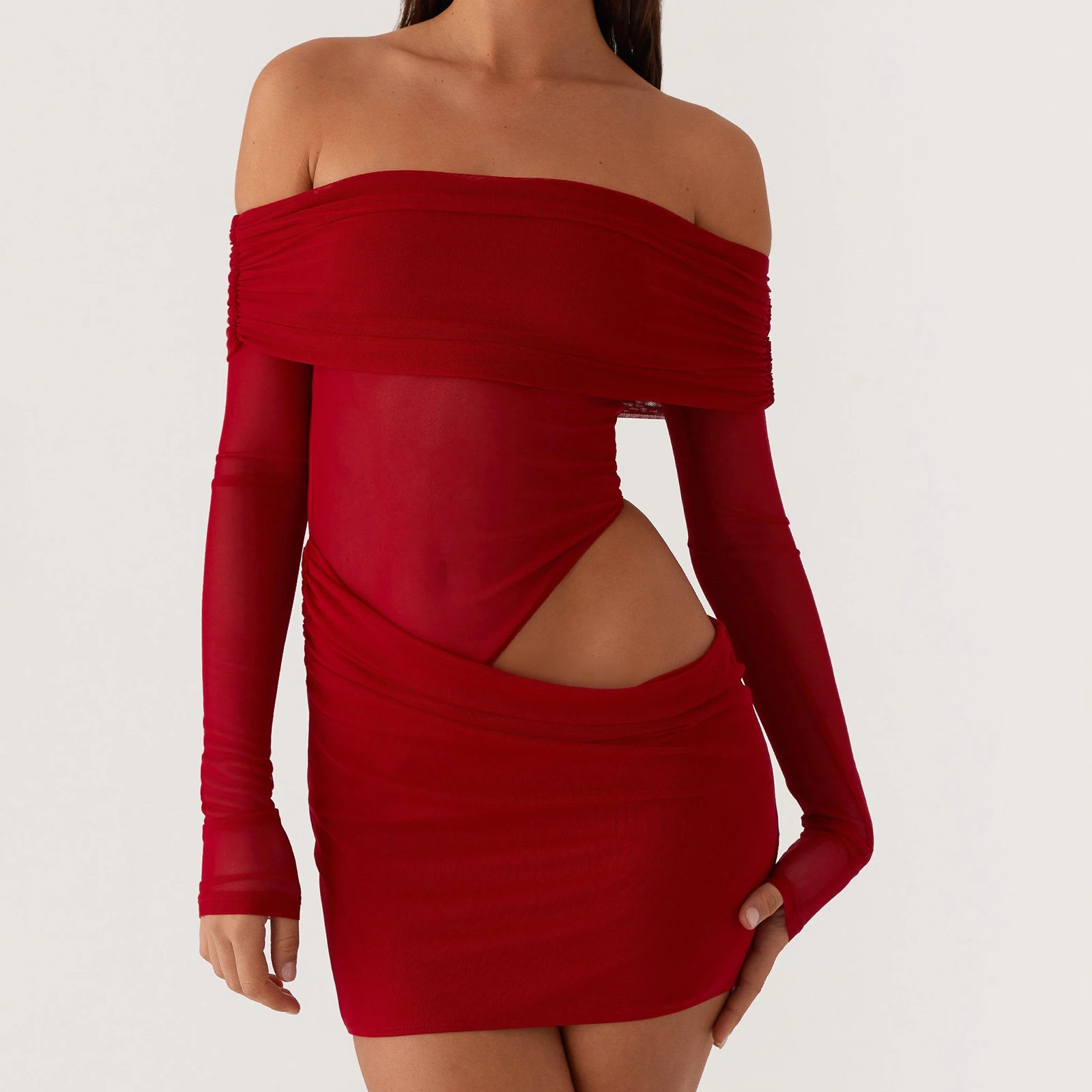 New Women Mini Off Shoulder Dress Slim Ruched Solid Color Cut Out Long Sleeve Backless Short Mesh Bodycon Dress For Party Club