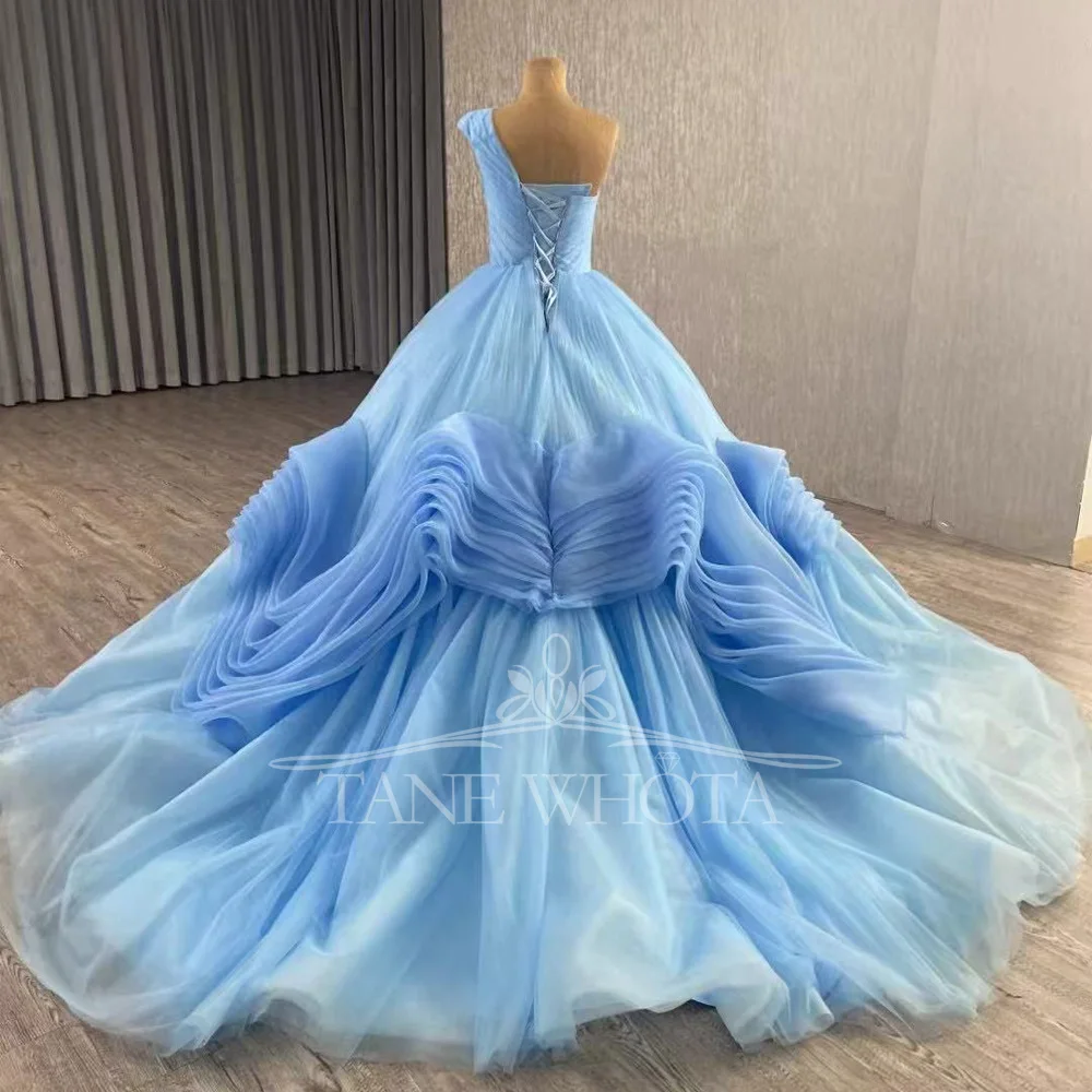 Luxury One-Shoulder Evening Dress 2026 Blue Lace-Up Back Ruched Gown Customizable For Special Occasions