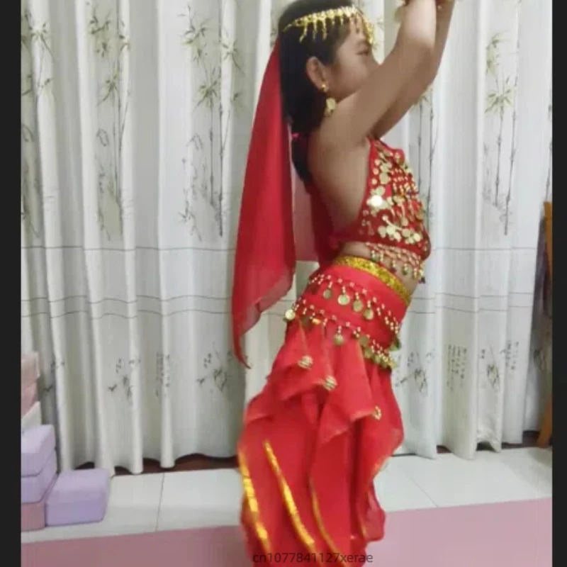 Детский костюм для индийского танца, топ с блестками, комплект вращающихся штанов, детское этническое выступление для танца живота для девочек