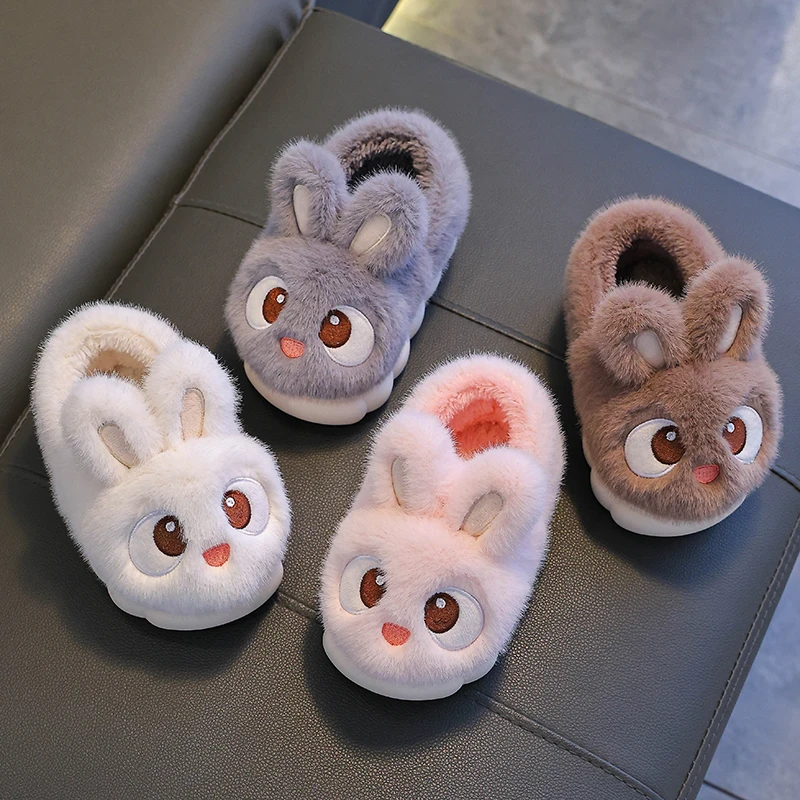 New Winter Cute Big eyed Rabbit Children\'s Cover Heel Warm Non-slip Fluffy Slippers For Girls Boys Kids Indoor Home Cotton Shoes