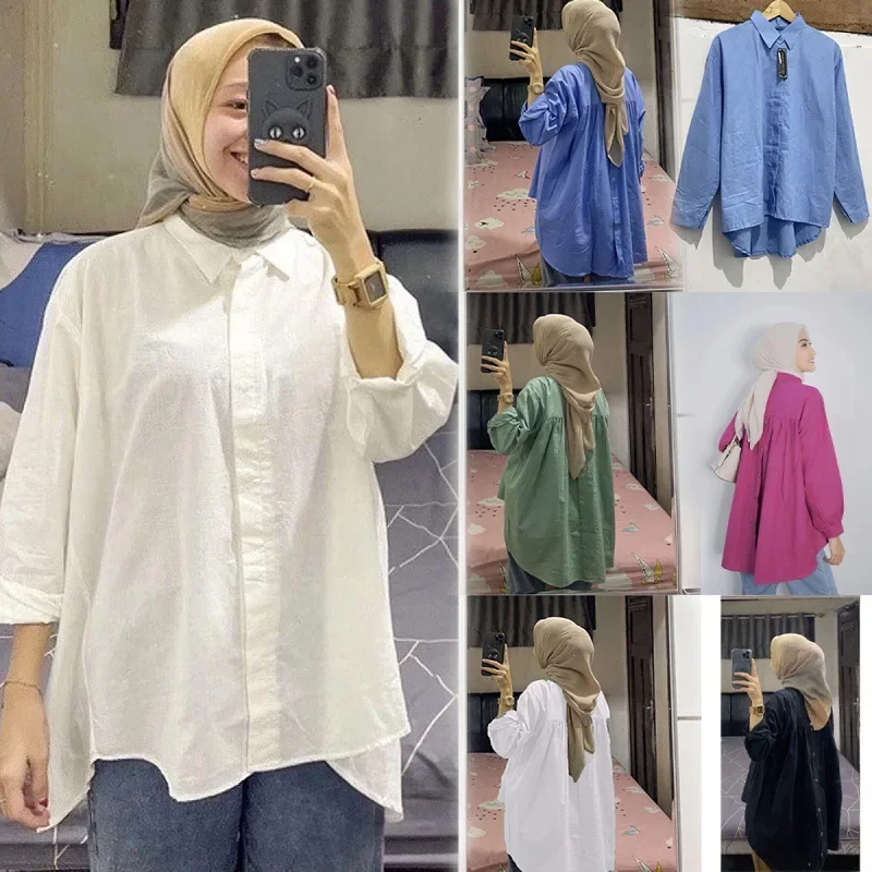 Women Eid Muslim Tops Single Breasted Button Blouses Cardigan Loose Casual Kaftan Retro Dubai Solid Long Sleeve Spliced