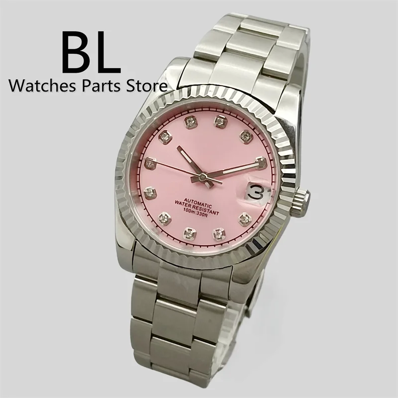 BLIGER 36mm39mmPink Dial Luxury NH35A Automatic Watch 904 Stainless Steel Fluted Bezel Sapphire Crystal Diamond Roman Time Marks