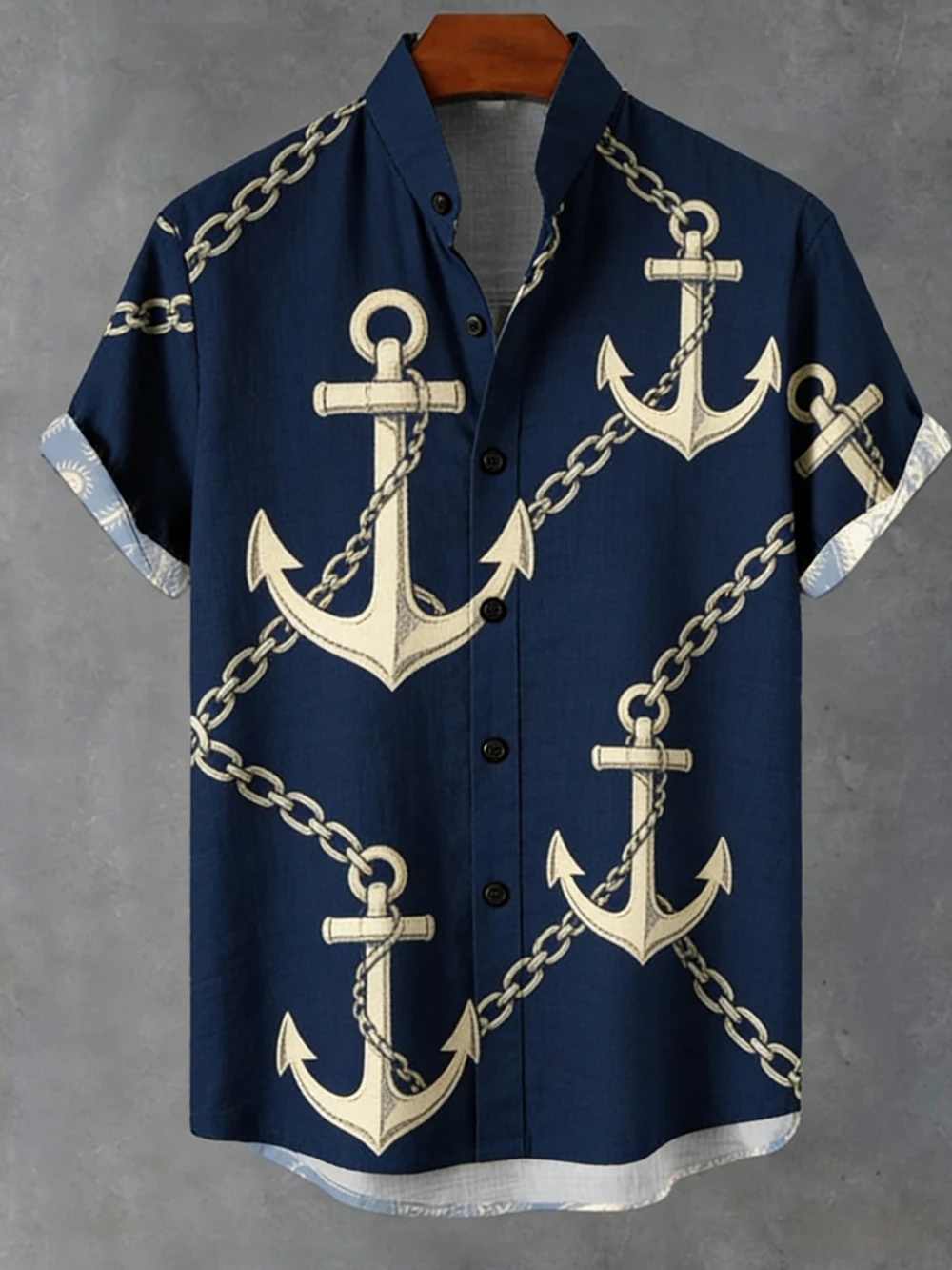 

Men's spring and summer new linen short-sleeved shirts anchor pattern 3D printed shirts Hawaiian vacation party clothes for men