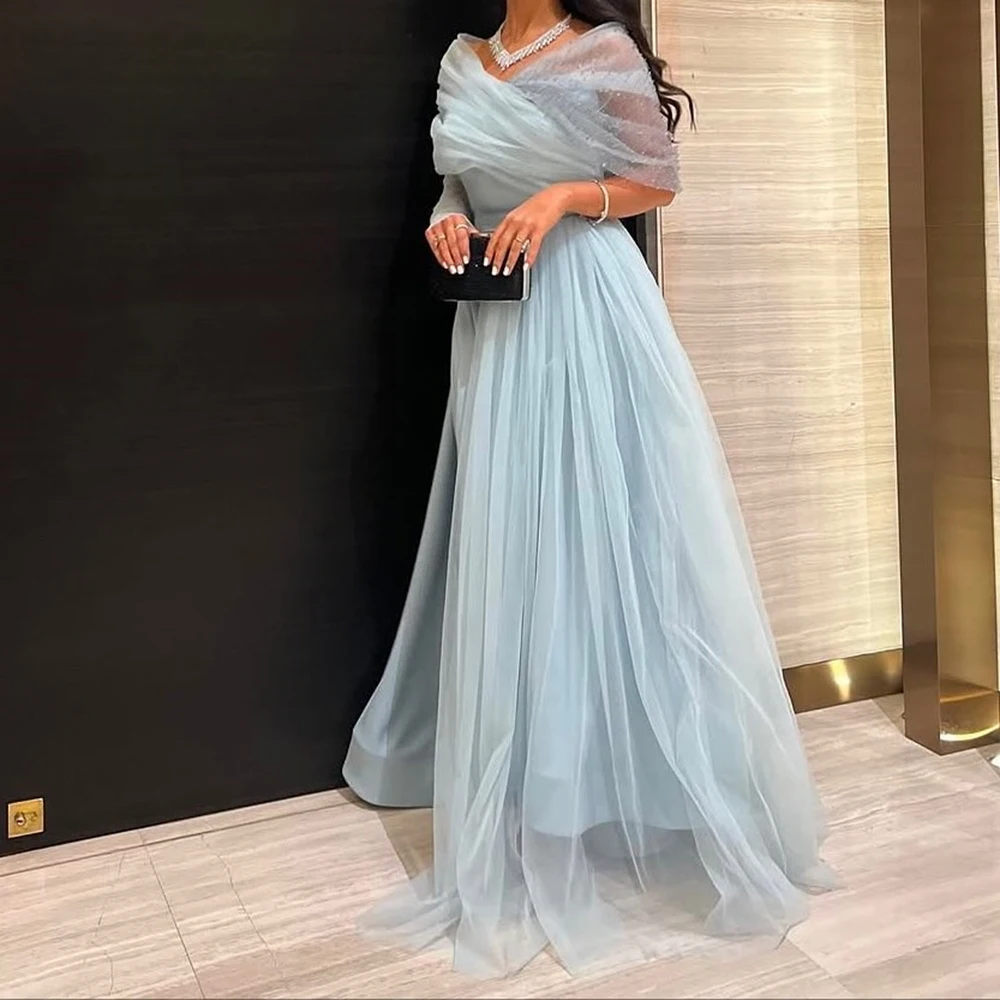 

Customized A-line Evening Dresses Floor-length Off The Shoulder Full Sleeve Prom Gown Fashion Sequined Simple Draped Party Gown