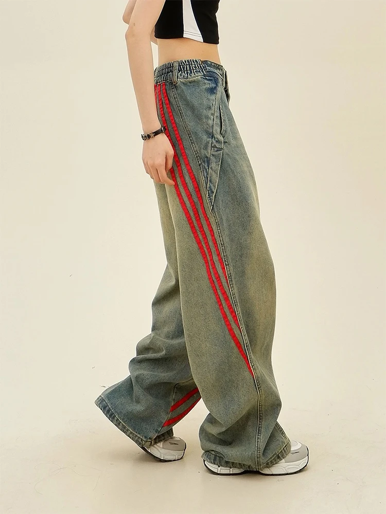 Kobiety Niebieskie dżinsy w paski Y2k Harajuku Baggy Denim Trousers Vintage Jeans Pants Estetyczny japoński styl 2000s Tandetne ubrania 2024