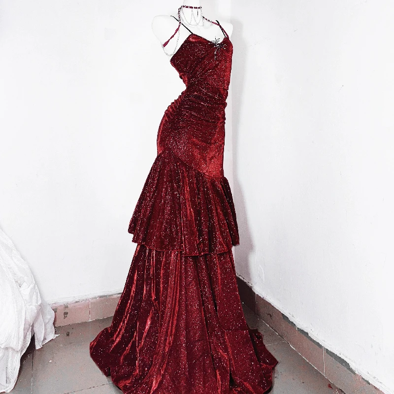 Original Design Dark Red V-Neck Sexy Bodycon Mermaid Dress Retro 2025 Spring Summer Sweet Cool Irregular Slimming Dresses Ladies