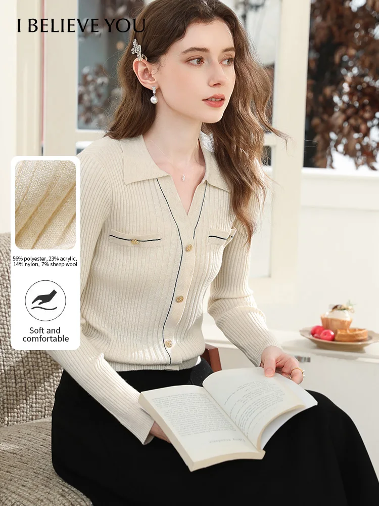I BELIEVE YOU Woolen Apricot French Lapel Pullover Sweater Autumn Winter 2025 Fake Pocket Metal Button Knitted Top 2253126083