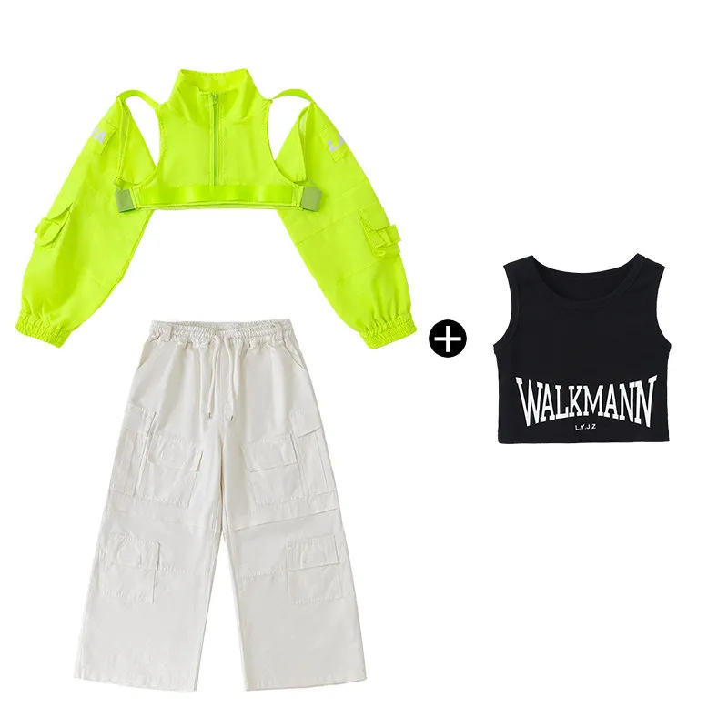 

Детские костюмы для танцев в стиле хип-хоп для девочек, флуоресцентные зеленые укороченные топы, свободные брюки, K-pop наряды, джазовая одежда DQS22307