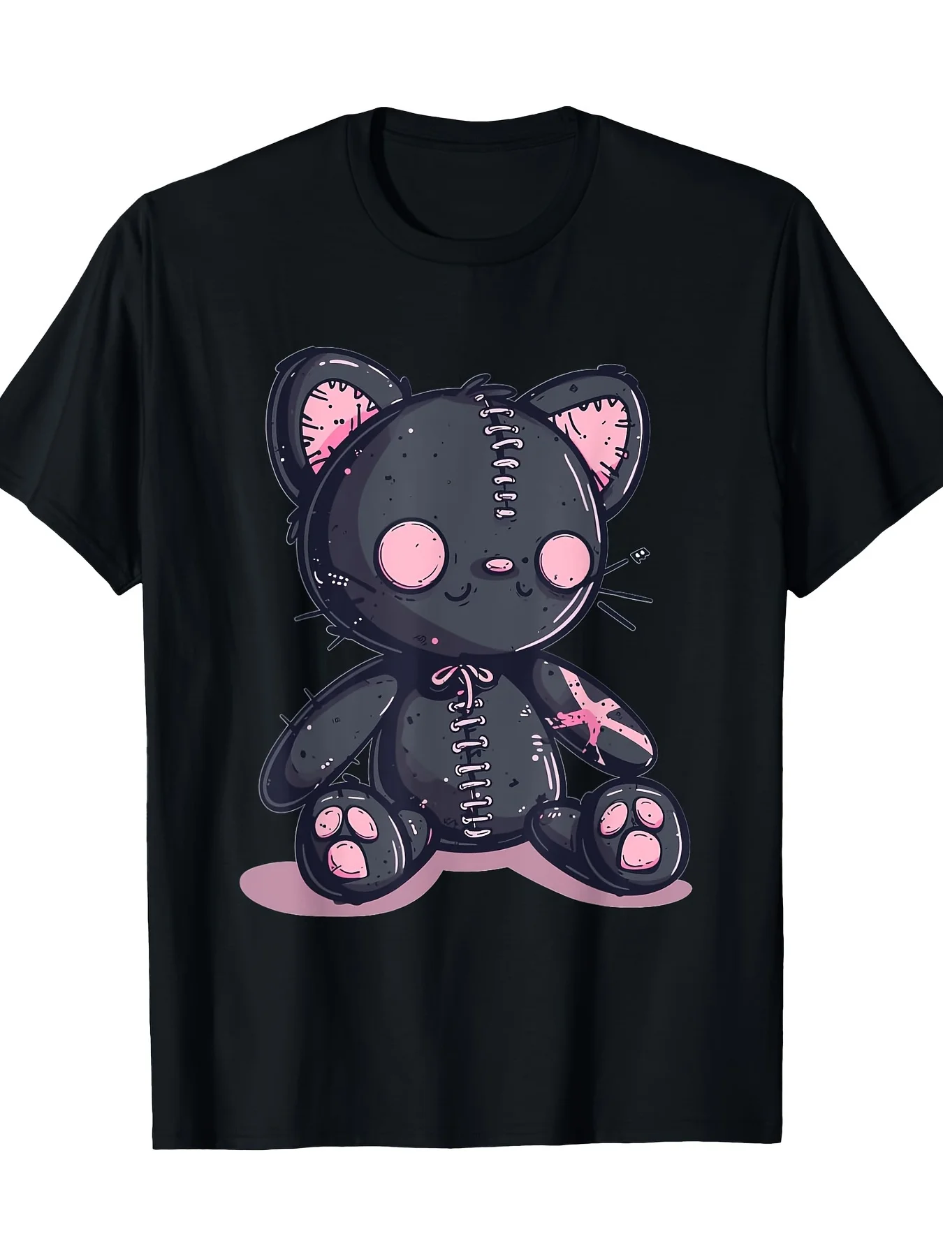 Women's & Men's Gothic Kawaii Cat Voodoo Doll T-Shirt Cute Horror Black Tee Casual Loose Fit Fun Fashion Tee|Gothic Style Tee
