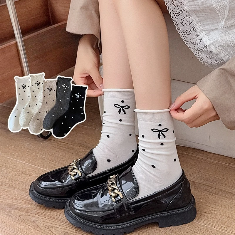 

Носки с бантом, женские осенние и зимние корейские носки в горошек среднего размера, японские вязаные хлопковые носки в стиле ретро, черные, белые, серые длинные носки